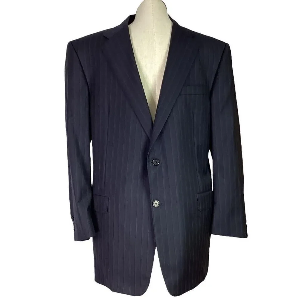 Hickey Freeman Blazer Men 44R Black Striped Loro Piana Super 130 Wool Jacket